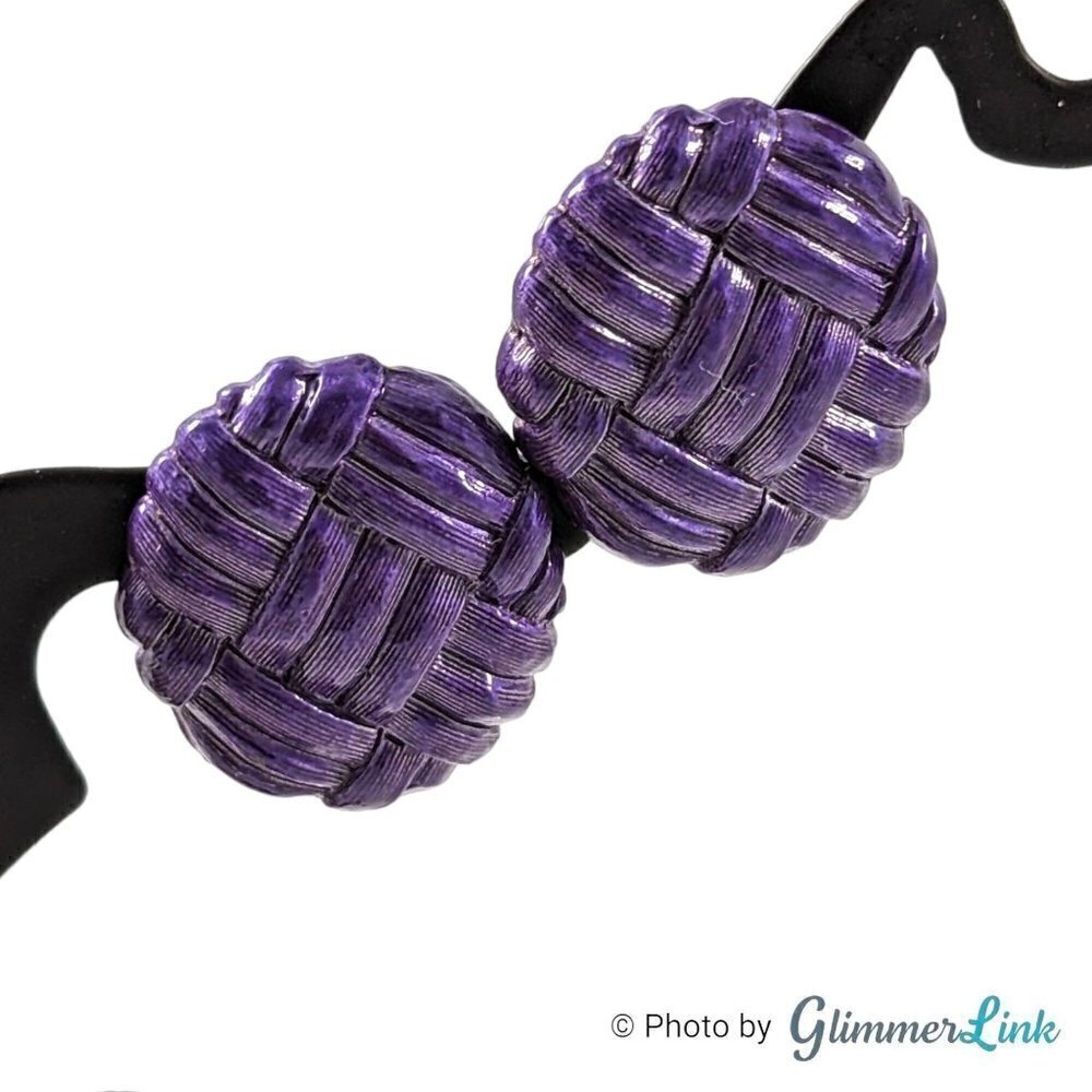 Vintage 80s Purple Enamel Round Woven Knot Metal Earrings